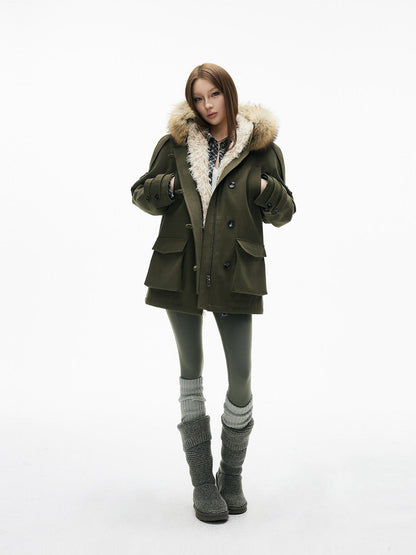 iamxiaa Military Green Hooded Detachable Fur Collar Women&