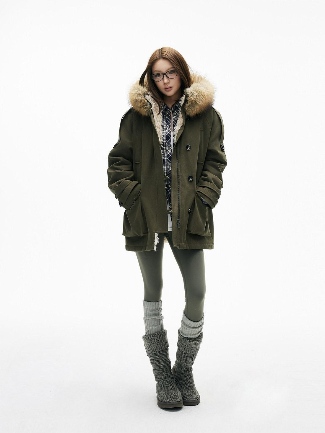 iamxiaa Military Green Hooded Detachable Fur Collar Women&