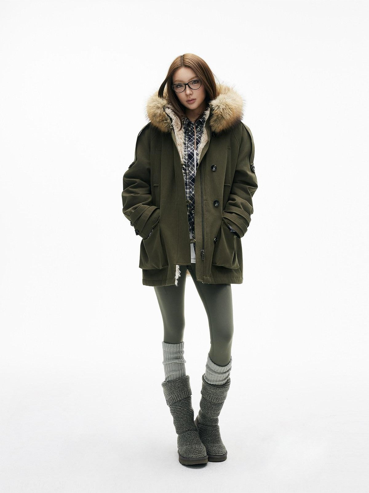 iamxiaa Military Green Hooded Detachable Fur Collar Women&