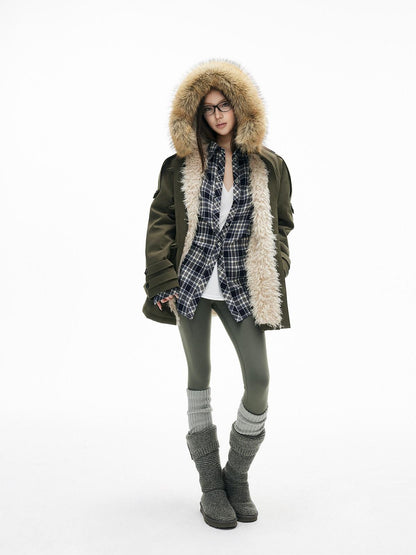 iamxiaa Military Green Hooded Detachable Fur Collar Women&