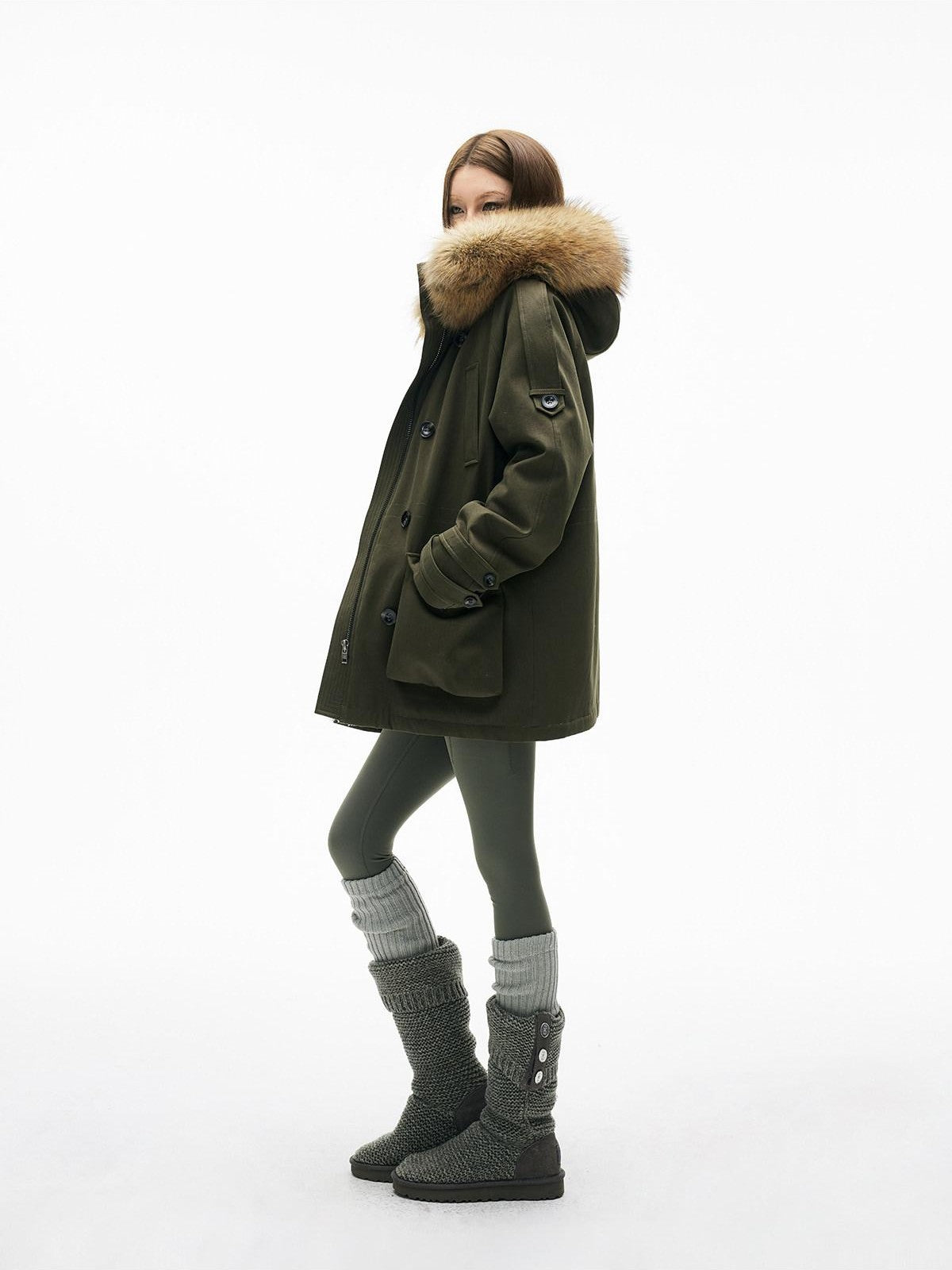 iamxiaa Military Green Hooded Detachable Fur Collar Women&