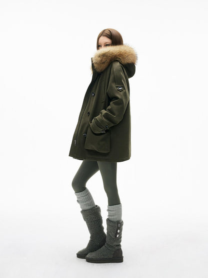 iamxiaa Military Green Hooded Detachable Fur Collar Women&