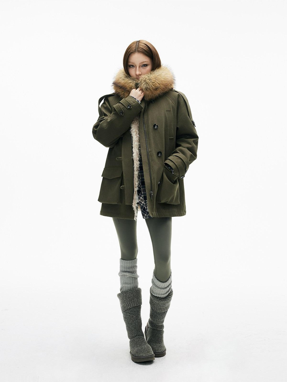 iamxiaa Military Green Hooded Detachable Fur Collar Women&