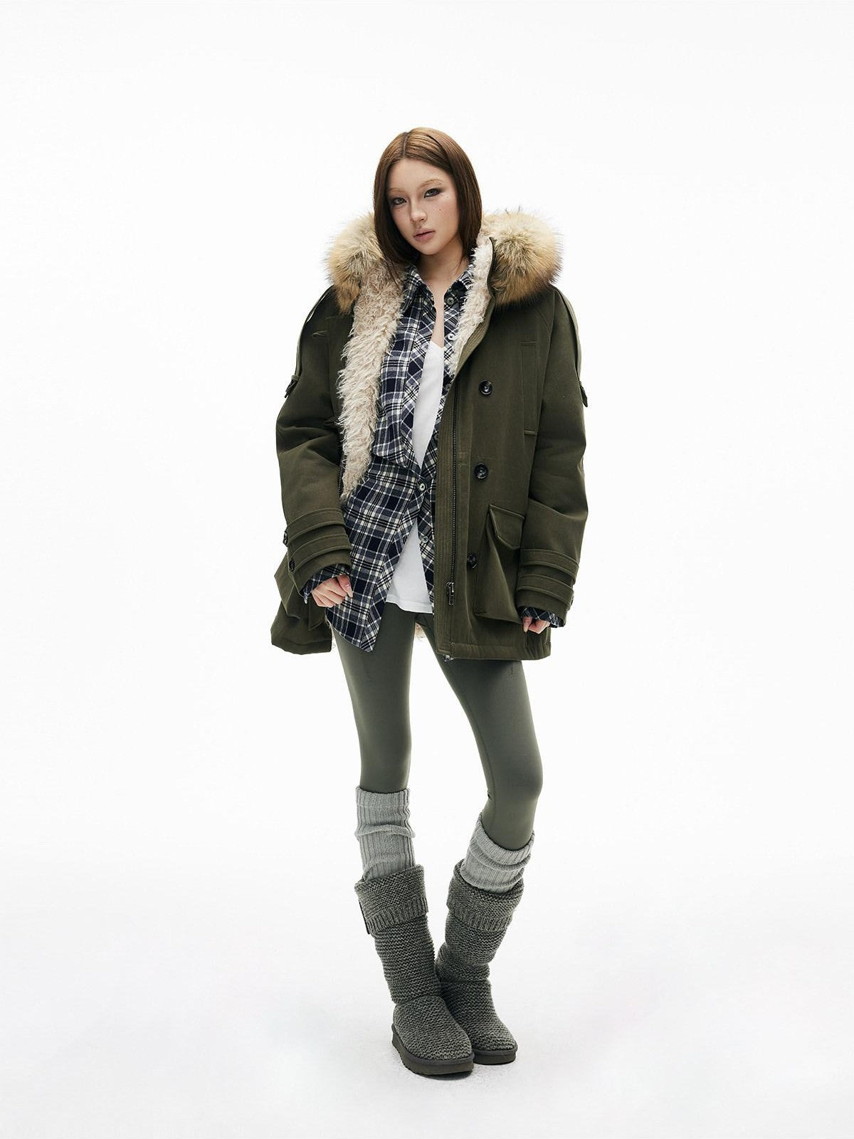 iamxiaa Military Green Hooded Detachable Fur Collar Women&