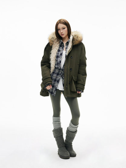 iamxiaa Military Green Hooded Detachable Fur Collar Women&