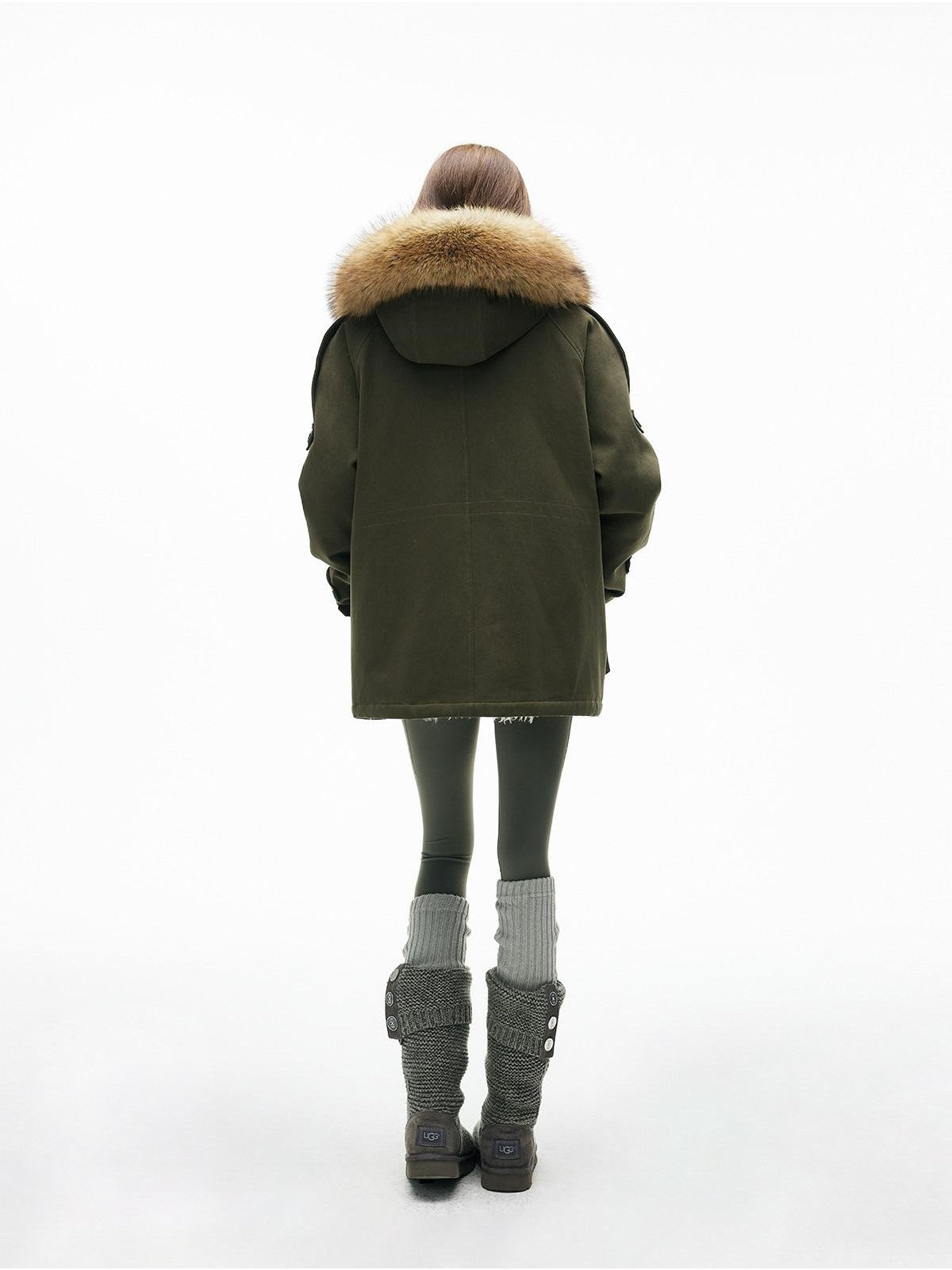 iamxiaa Military Green Hooded Detachable Fur Collar Women&