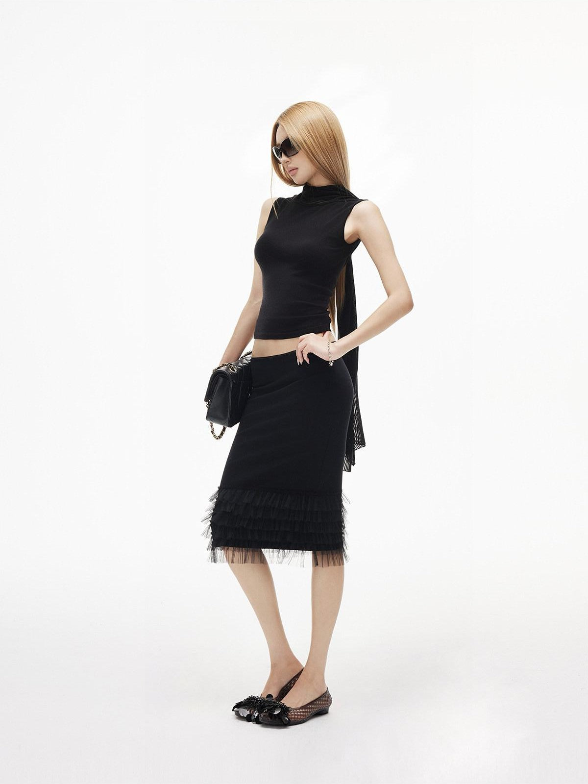 iamxiaa Mini Peplum Tulle Hem Lace Waist Women&