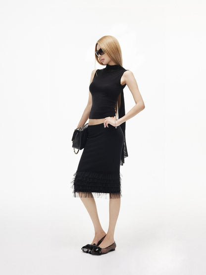 iamxiaa Mini Peplum Tulle Hem Lace Waist Women&