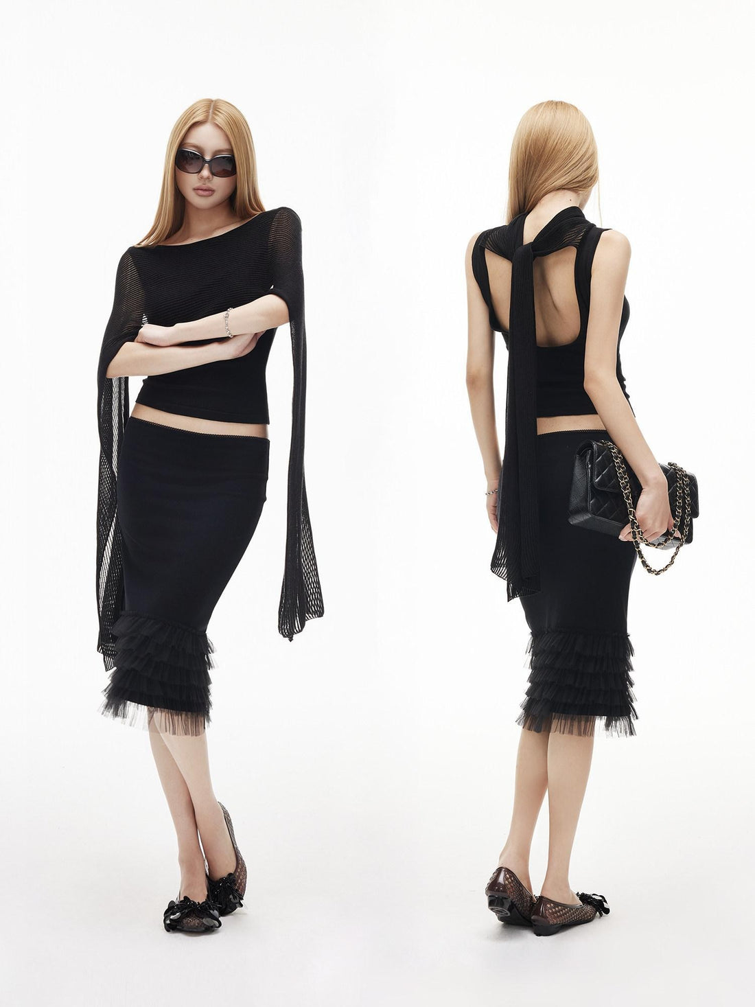 iamxiaa Mini Peplum Tulle Hem Lace Waist Women&