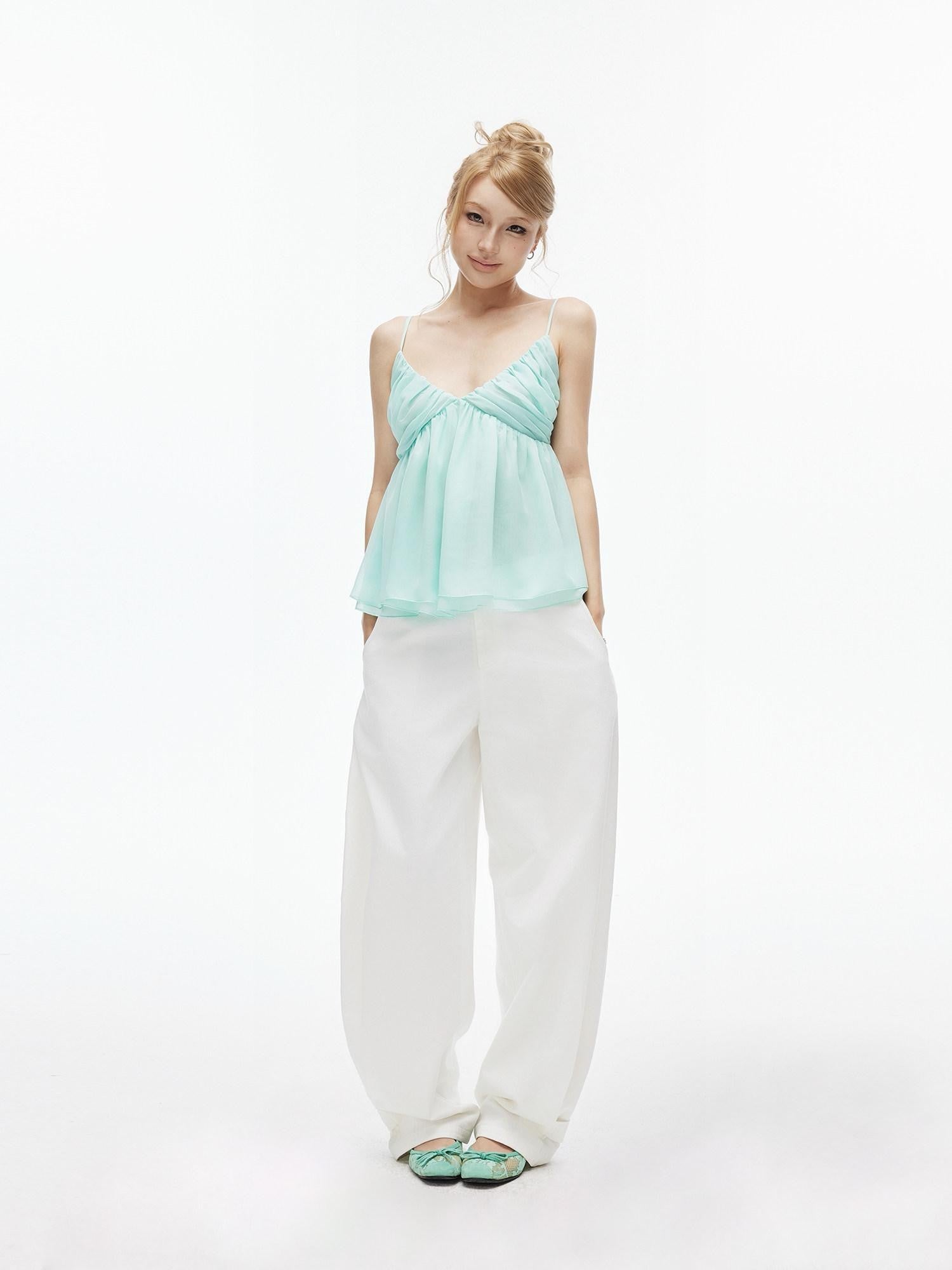 iamxiaa Mint Green Ruched Deep V A Line Women&