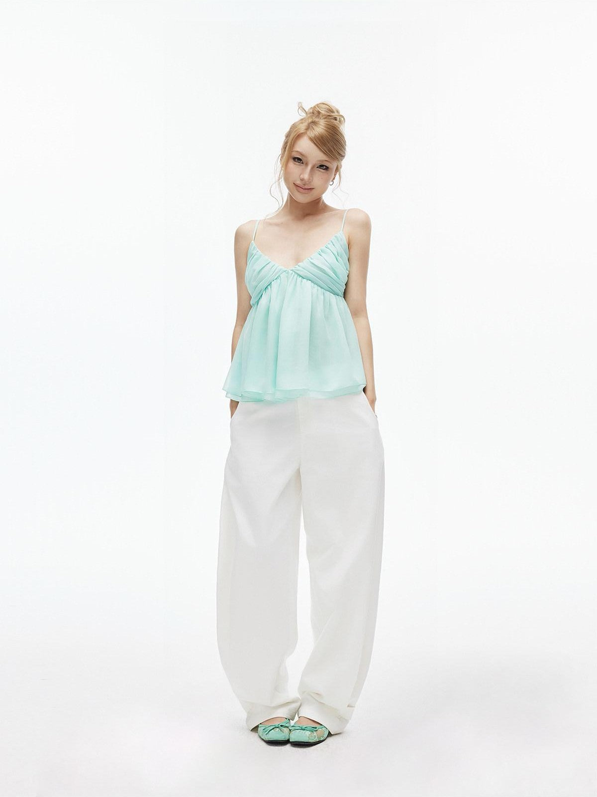 iamxiaa Mint Green Ruched Deep V A Line Women&