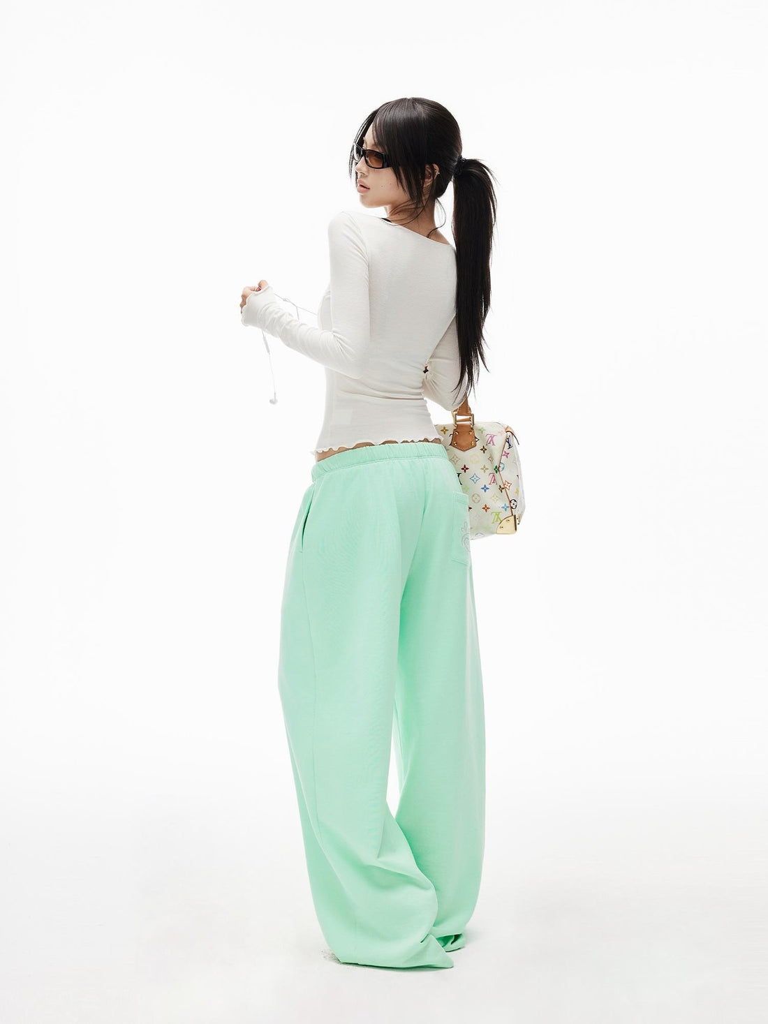 iamxiaa Mint Green Silver Embroidered Low Rise Wide Leg 100% Cotton Women&