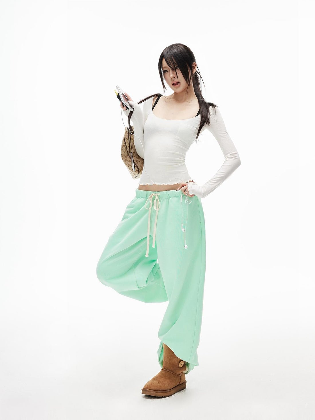 iamxiaa Mint Green Silver Embroidered Low Rise Wide Leg 100% Cotton Women&