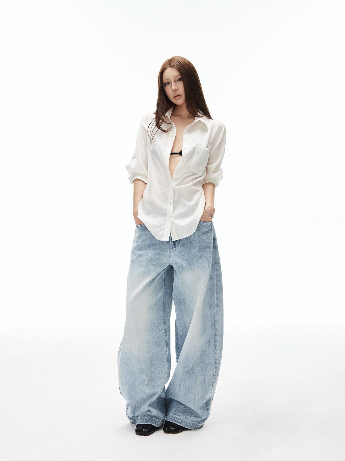 iamxiaa Natural Crepe Semi Sheer Button Collar H Shape Women&