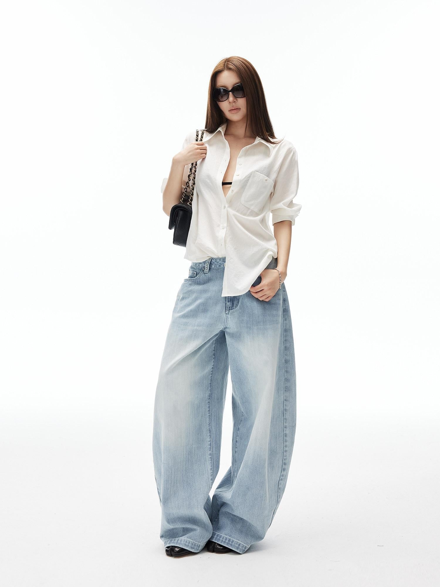 iamxiaa Natural Crepe Semi Sheer Button Collar H Shape Women&