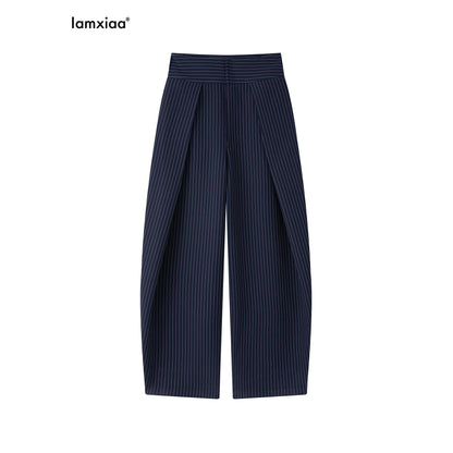iamxiaa_Navy_Green_Pinstripe_Sculpted_Pleats_Banana_Wide_Leg_Women&