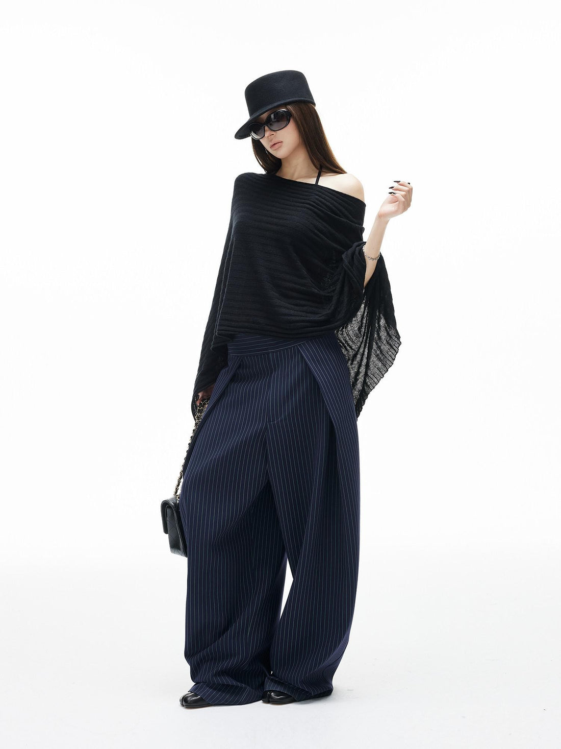 iamxiaa Navy Green Pinstripe Sculpted Pleats Banana Wide Leg Women&