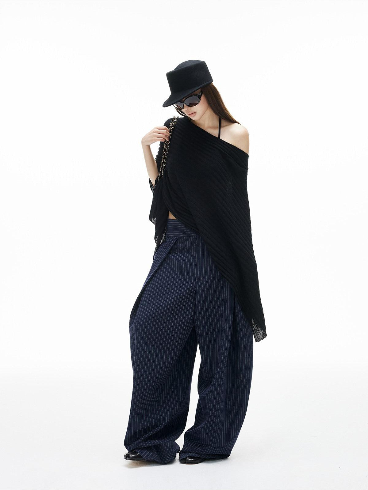 iamxiaa Navy Green Pinstripe Sculpted Pleats Banana Wide Leg Women&