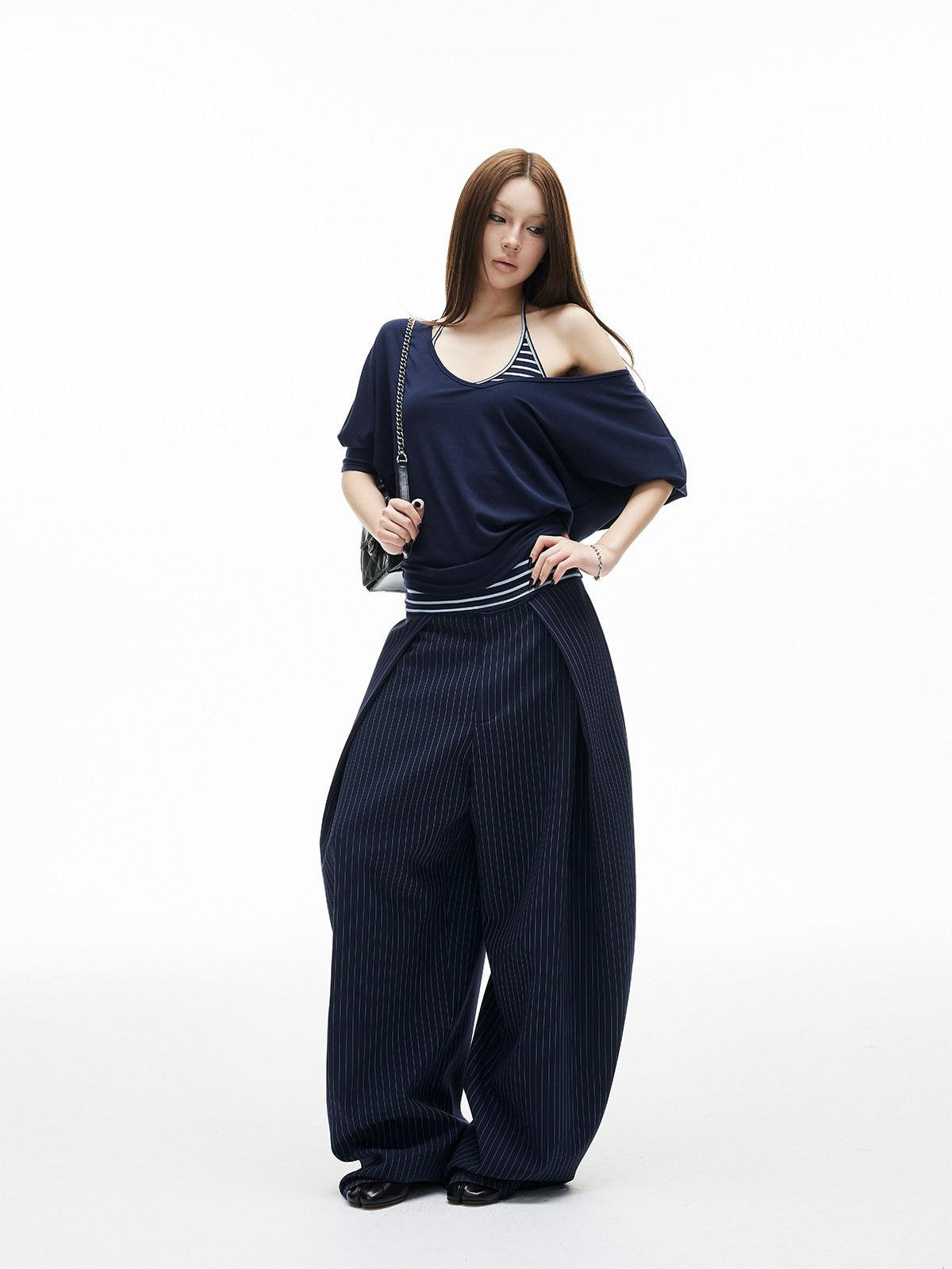 iamxiaa Navy Green Pinstripe Sculpted Pleats Banana Wide Leg Women&
