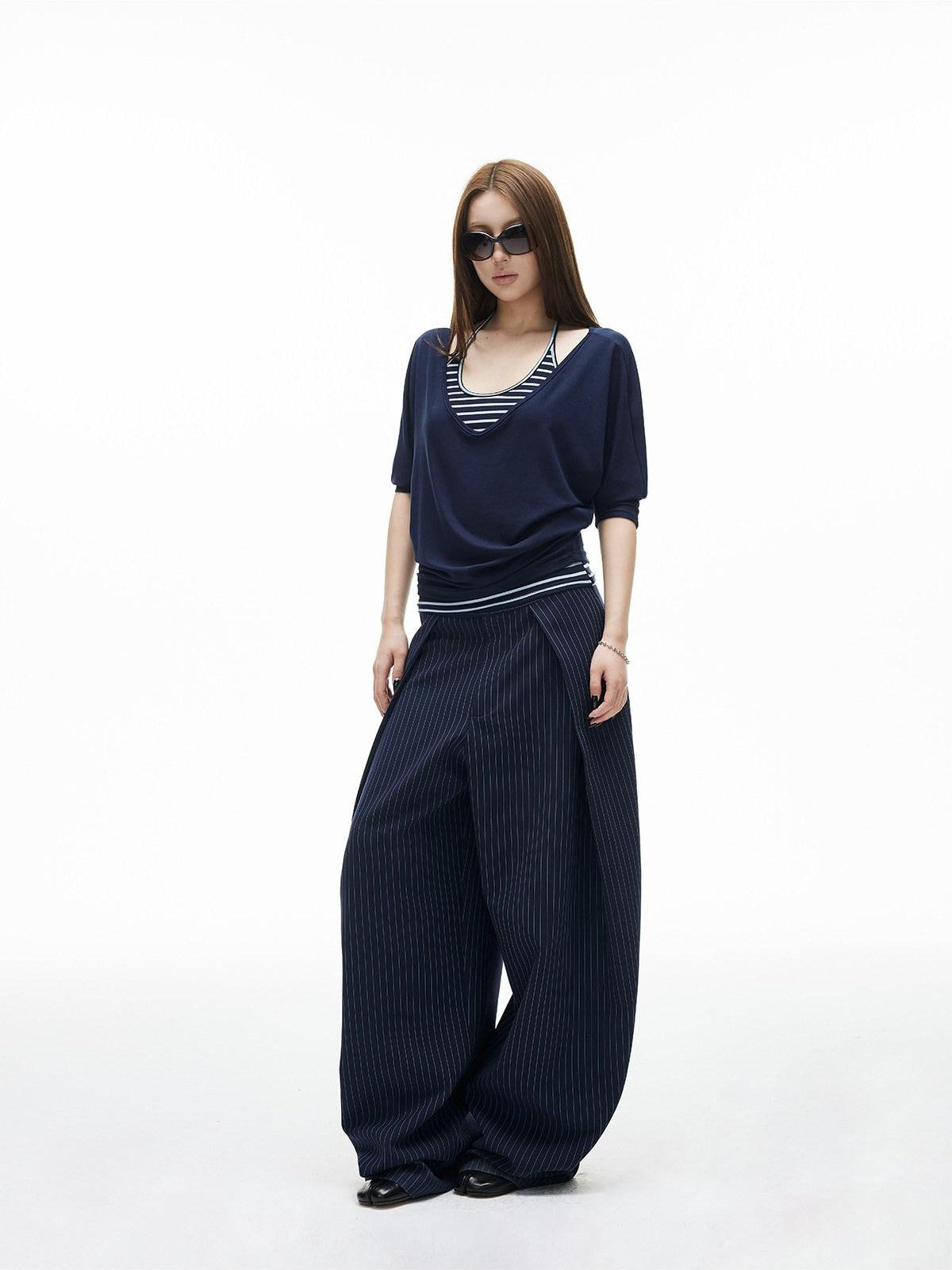 iamxiaa Navy Green Pinstripe Sculpted Pleats Banana Wide Leg Women&