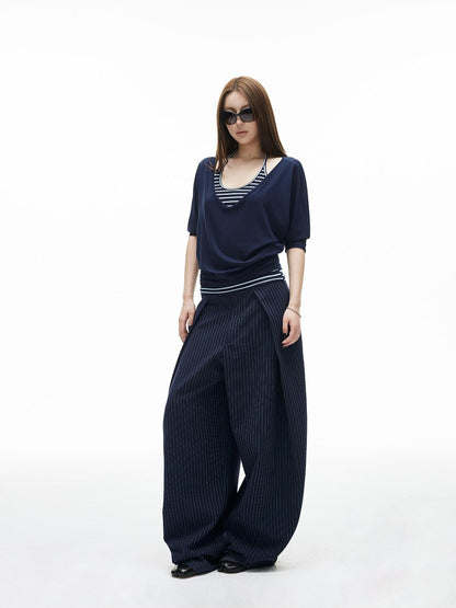 iamxiaa Navy Green Pinstripe Sculpted Pleats Banana Wide Leg Women&