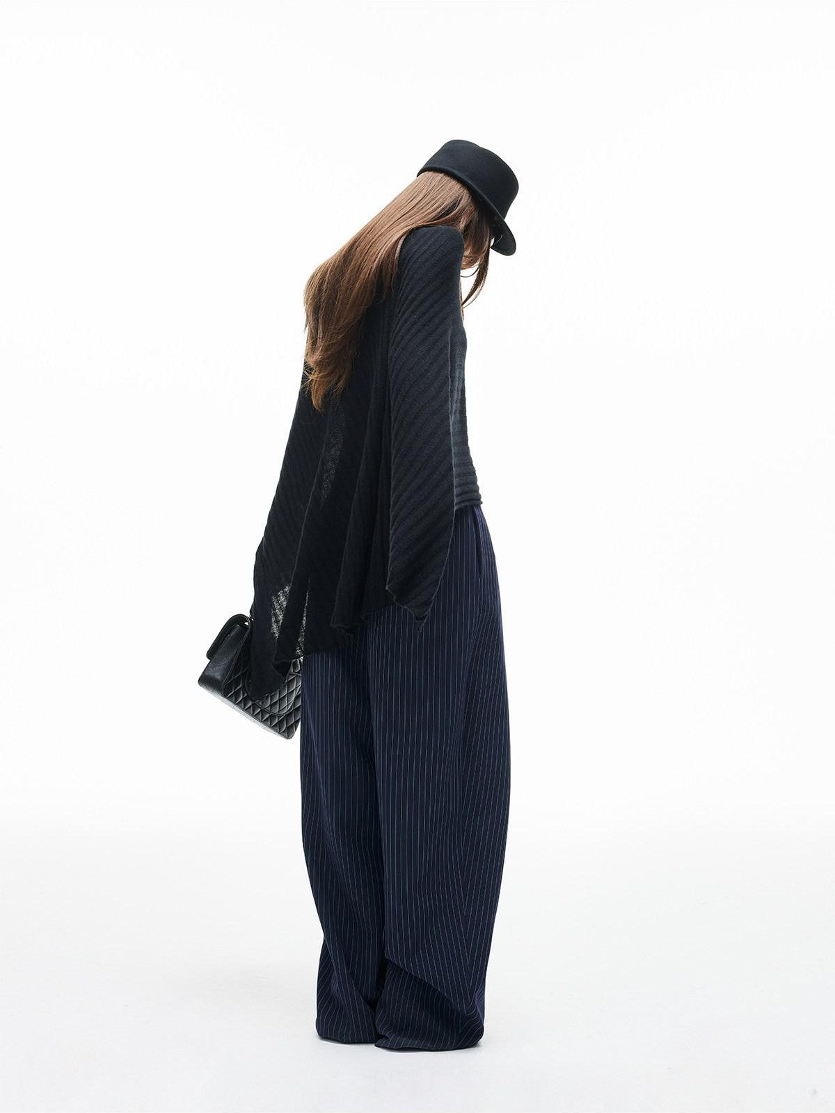 iamxiaa Navy Green Pinstripe Sculpted Pleats Banana Wide Leg Women&
