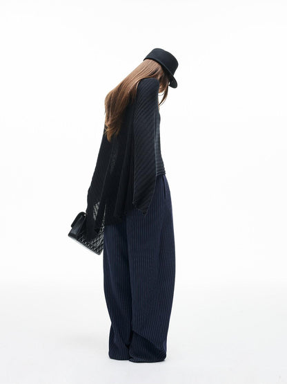 iamxiaa Navy Green Pinstripe Sculpted Pleats Banana Wide Leg Women&