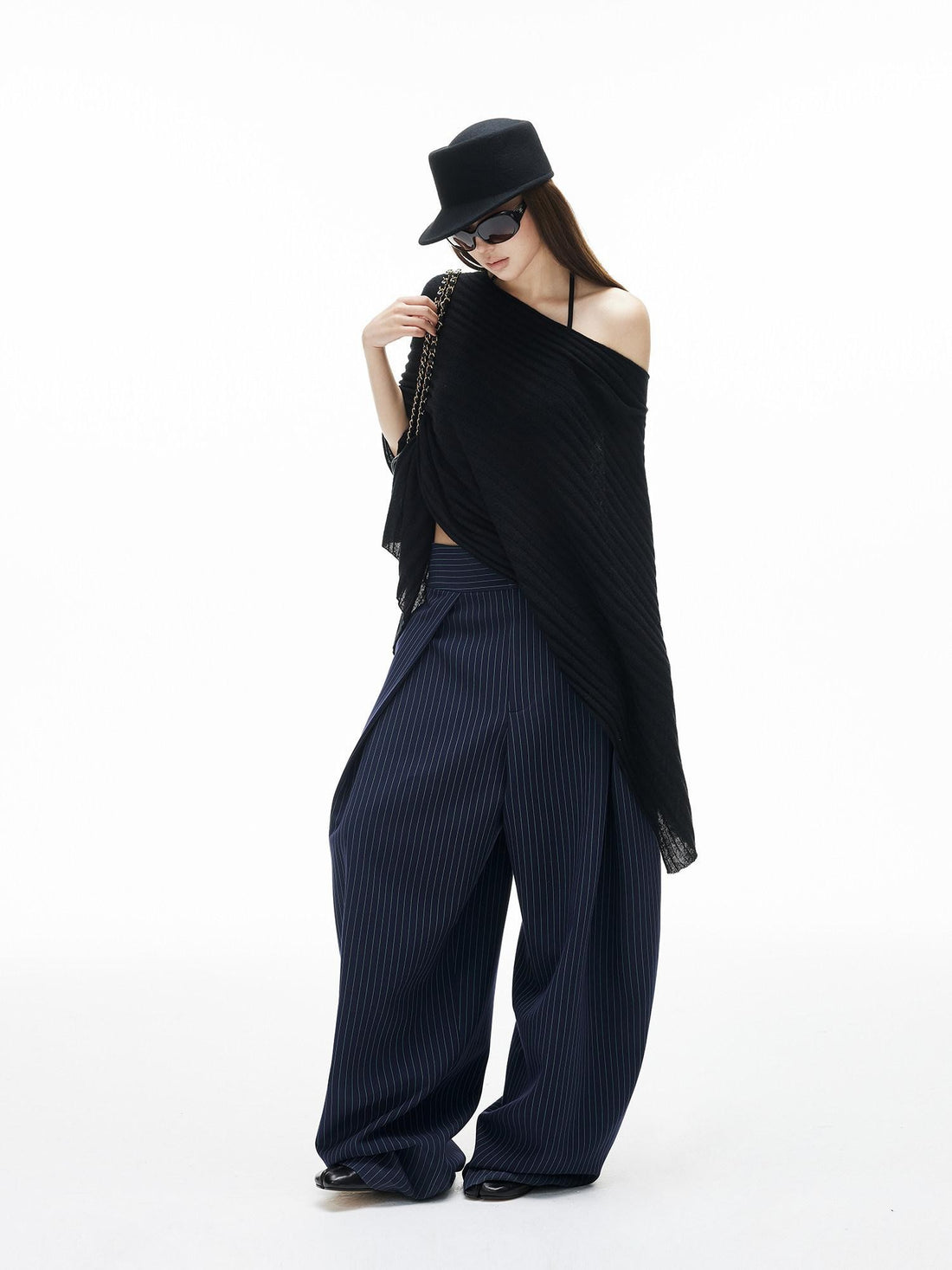 iamxiaa Navy Green Pinstripe Sculpted Pleats Banana Wide Leg Women&