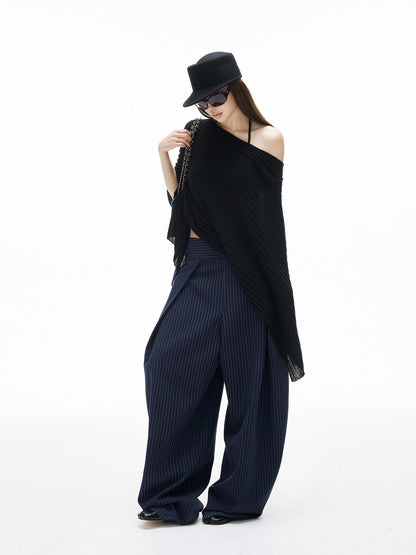 iamxiaa Navy Green Pinstripe Sculpted Pleats Banana Wide Leg Women&