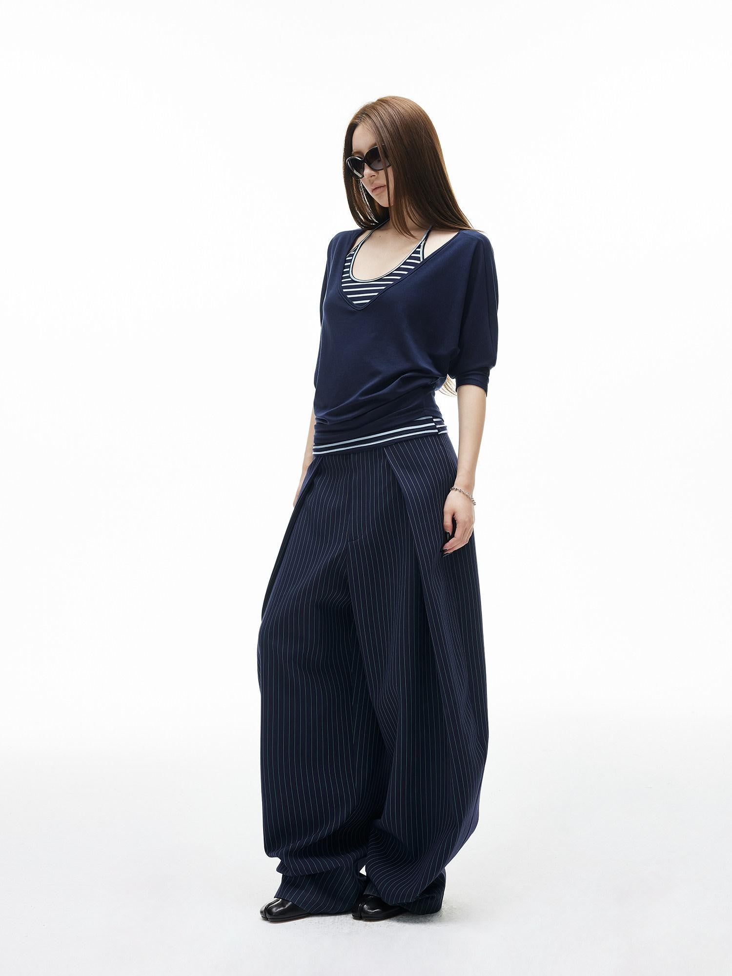 iamxiaa Navy Green Pinstripe Sculpted Pleats Banana Wide Leg Women&