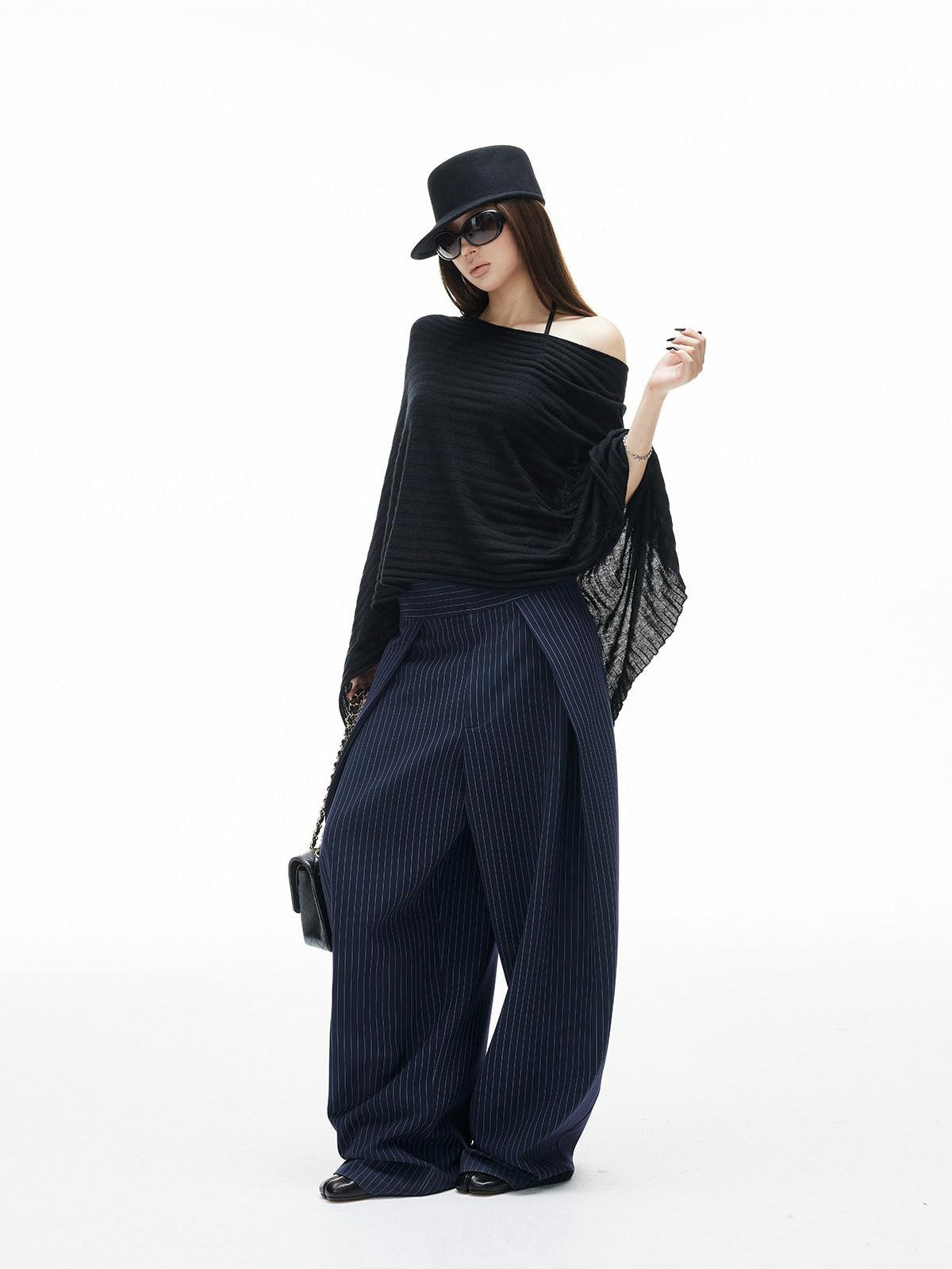 iamxiaa Navy Green Pinstripe Sculpted Pleats Banana Wide Leg Women&