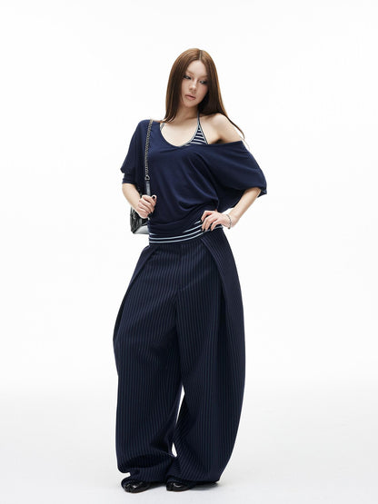 iamxiaa Navy Striped Two Piece V U Neck Women&