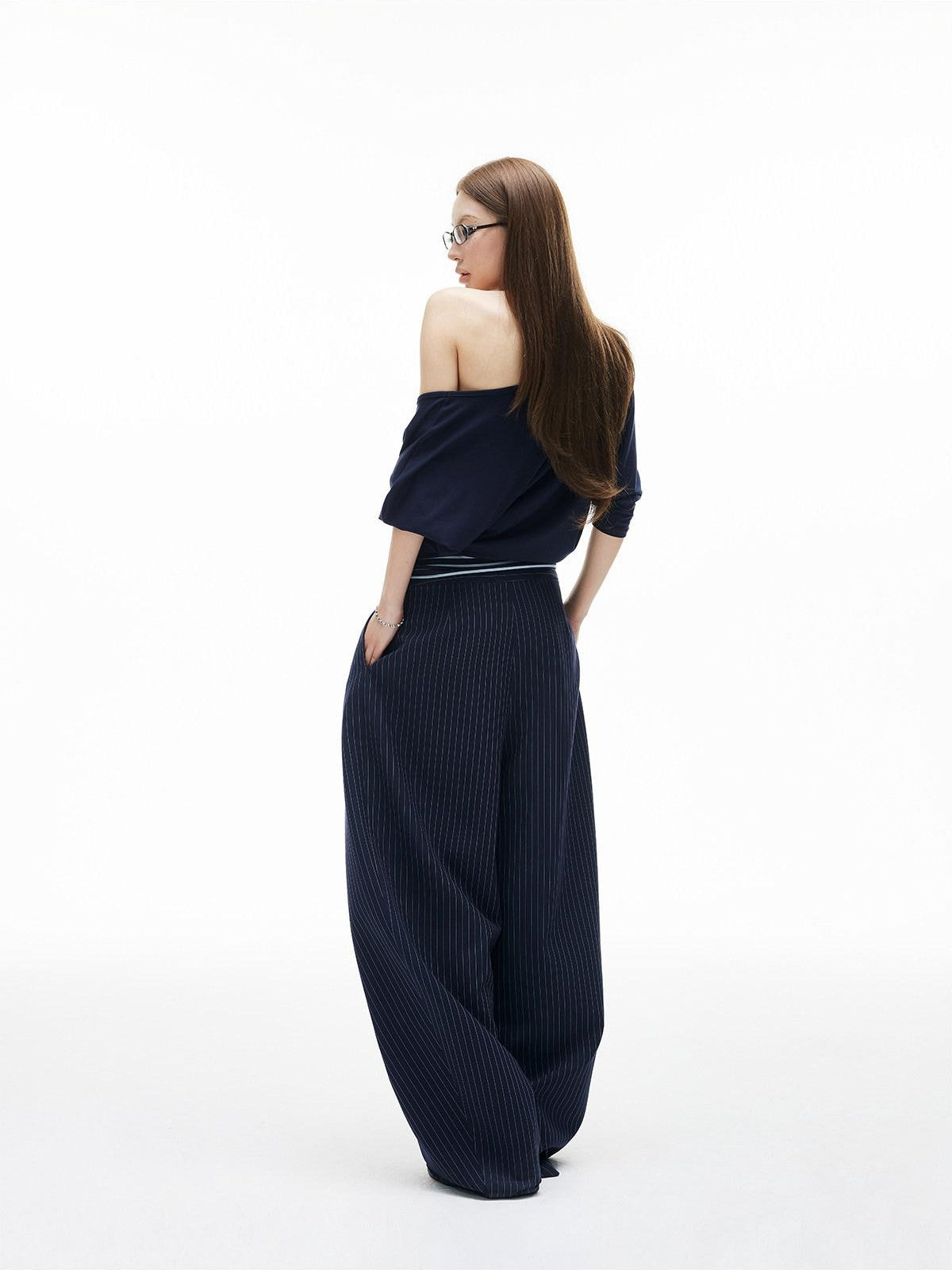 iamxiaa Navy Striped Two Piece V U Neck Women&