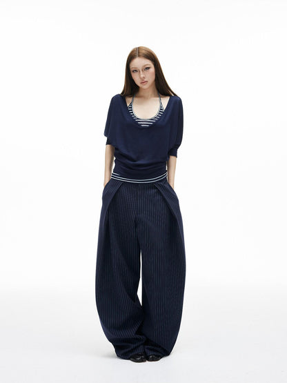 iamxiaa Navy Striped Two Piece V U Neck Women&