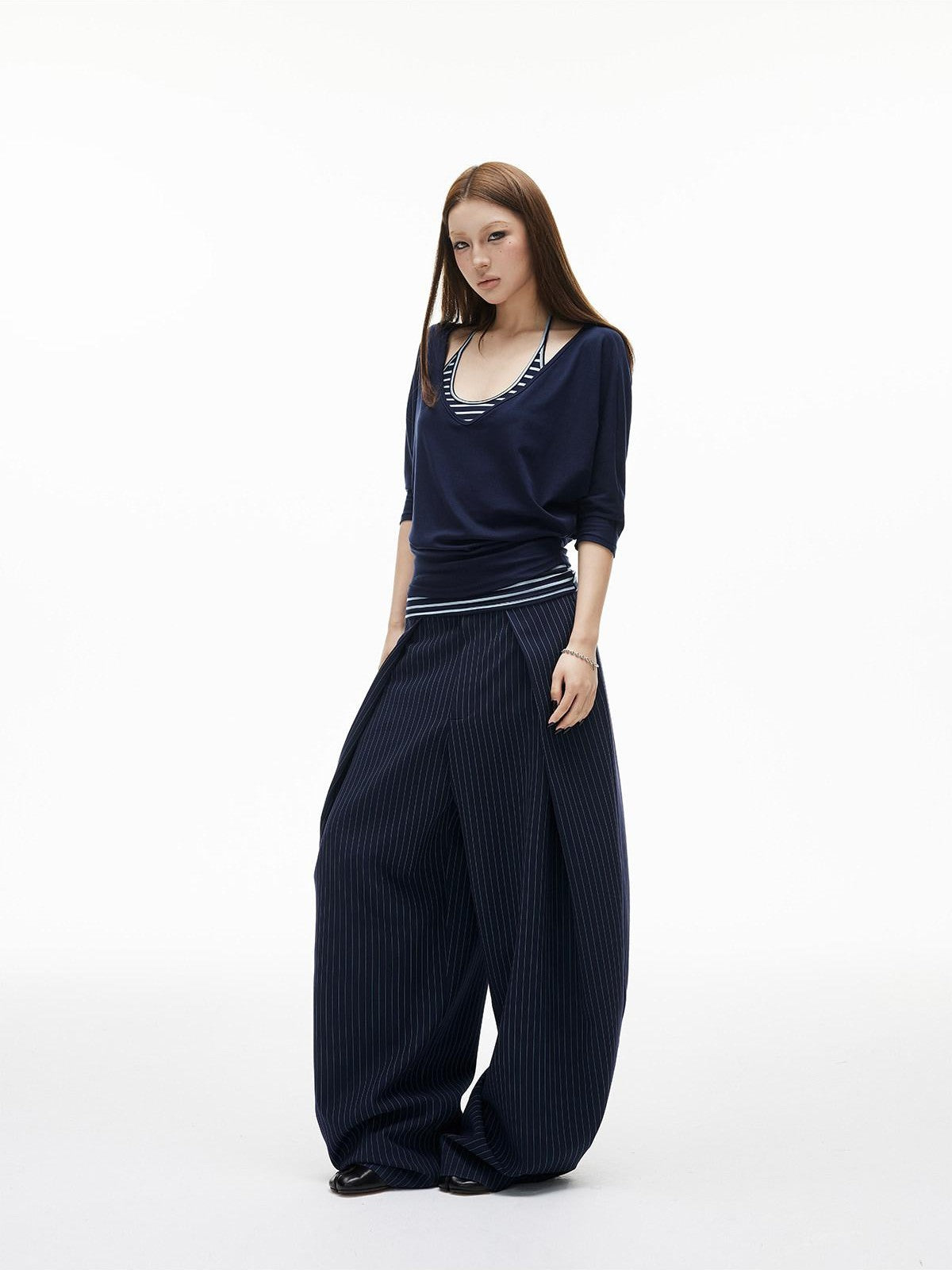 iamxiaa Navy Striped Two Piece V U Neck Women&