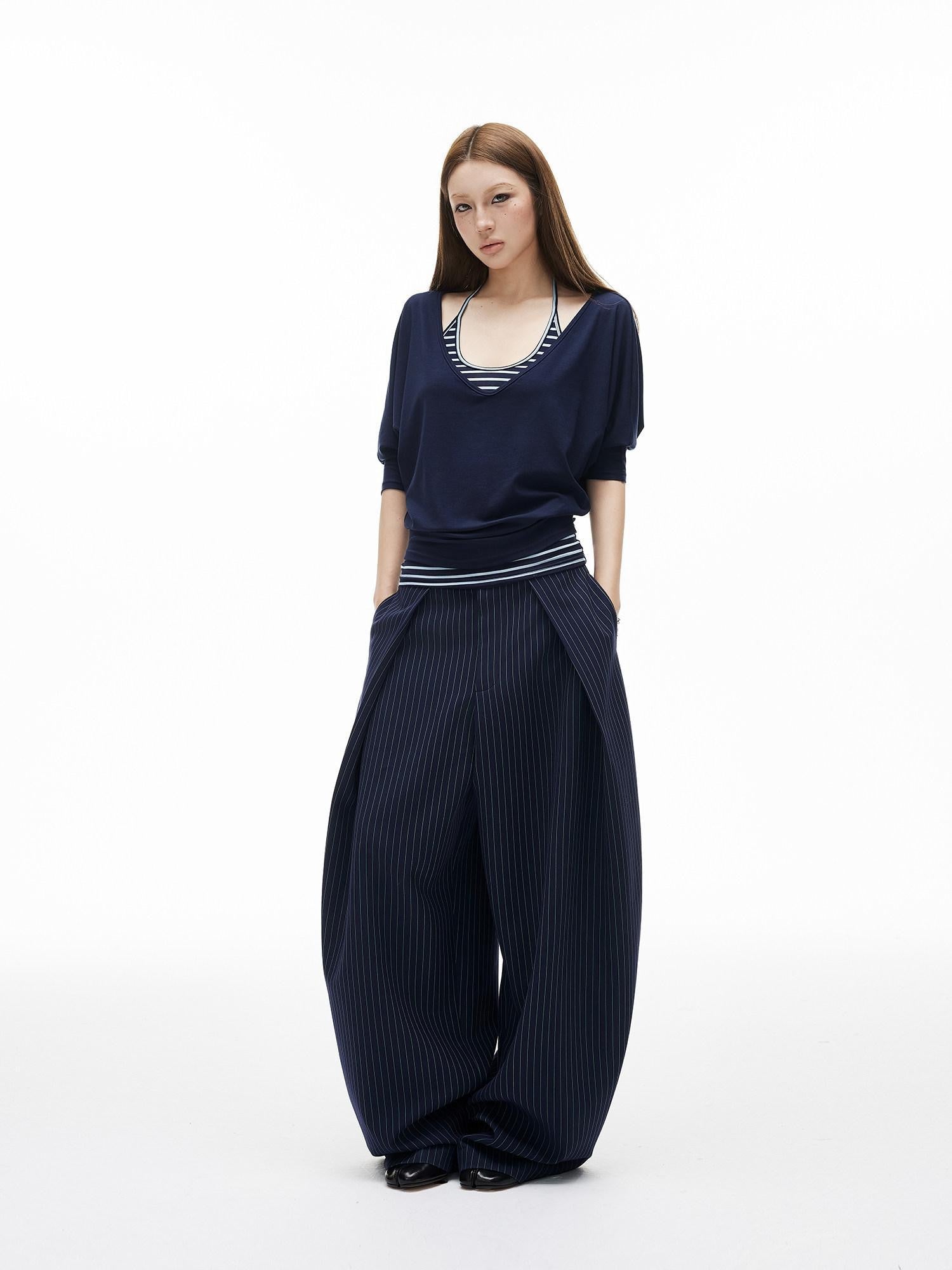 iamxiaa Navy Striped Two Piece V U Neck Women&