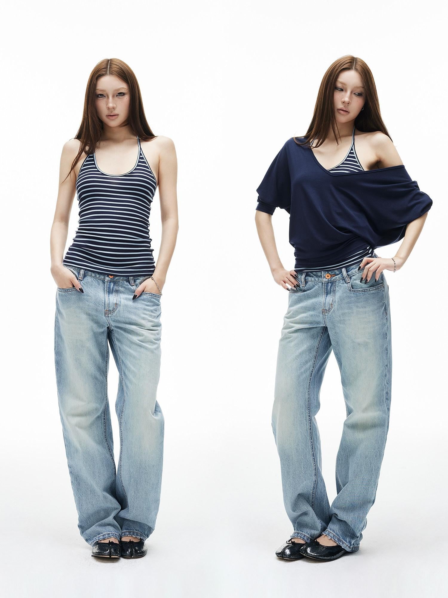 iamxiaa Navy Striped Two Piece V U Neck Women&