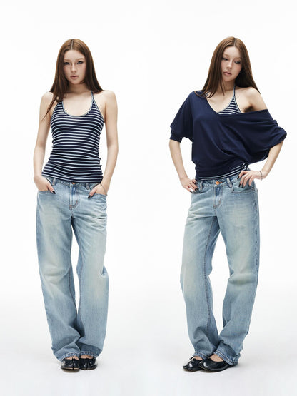 iamxiaa Navy Striped Two Piece V U Neck Women&