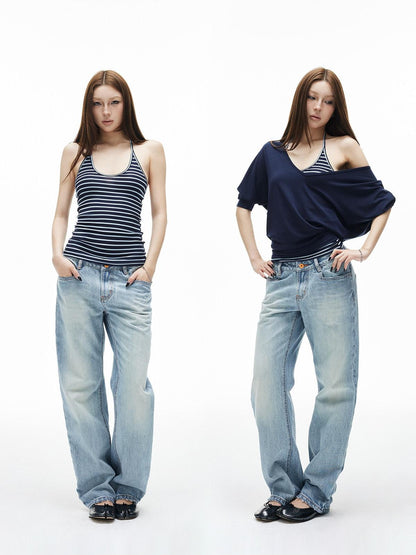 iamxiaa Navy Striped Two Piece V U Neck Women&