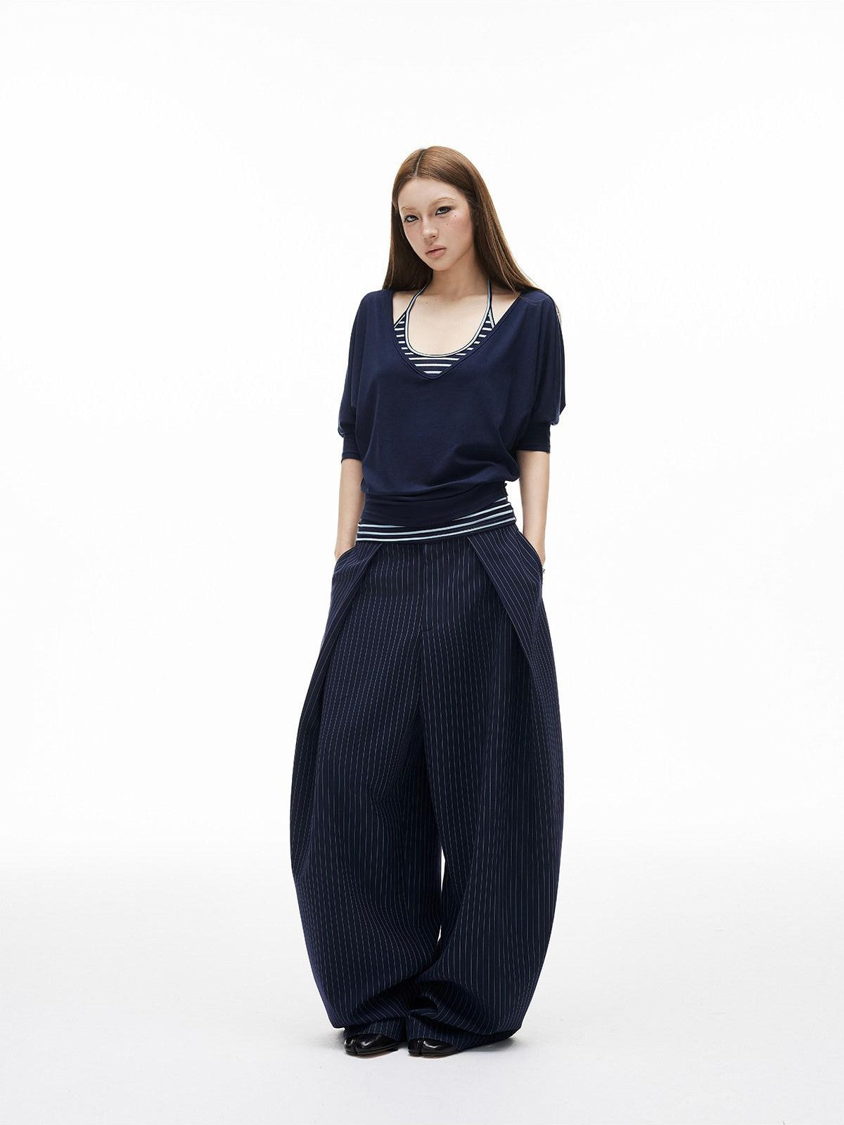 iamxiaa Navy Striped Two Piece V U Neck Women&