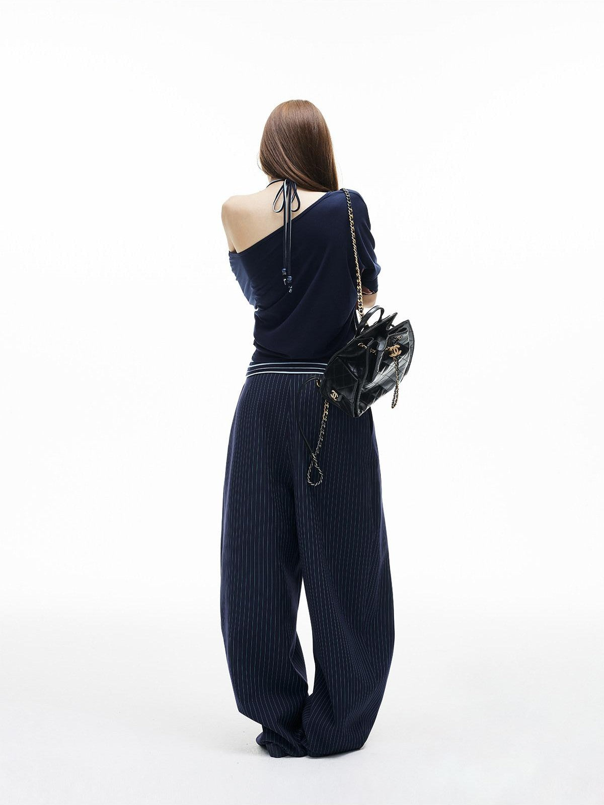 iamxiaa Navy Striped Two Piece V U Neck Women&