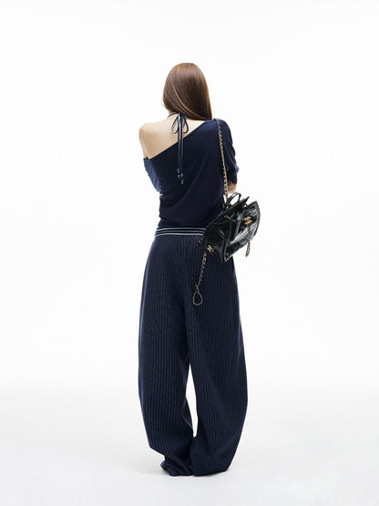 iamxiaa Navy Striped Two Piece V U Neck Women&