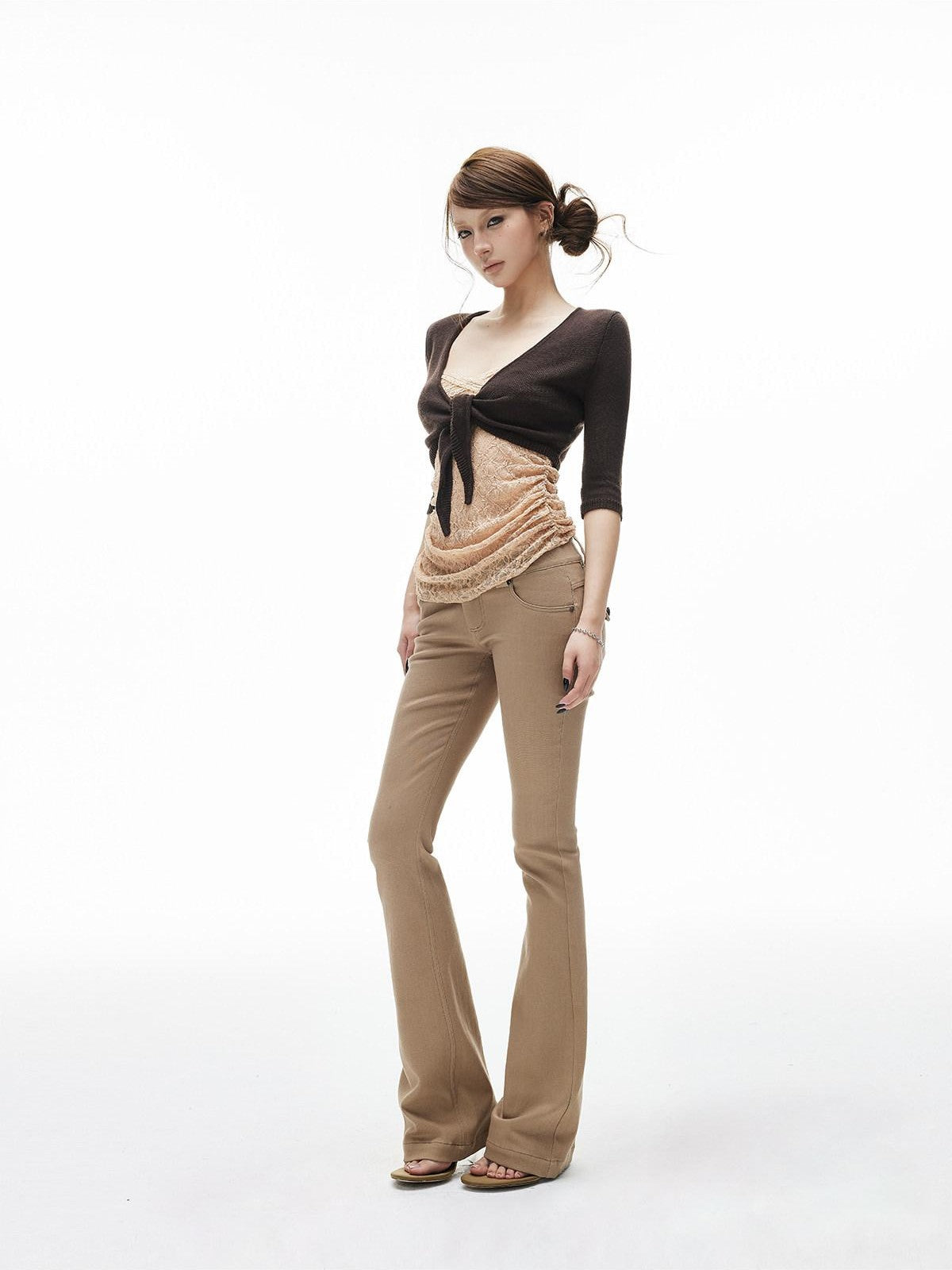 iamxiaa Nude Embossed Lace Trim Demi Cup Ruched Slim Fit Women&