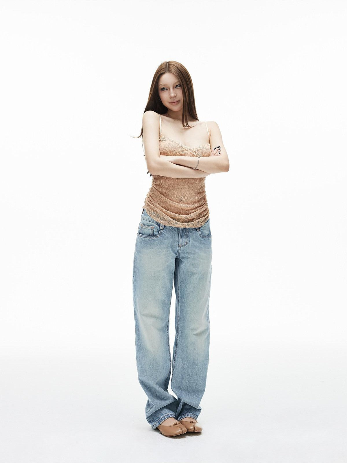 iamxiaa Nude Embossed Lace Trim Demi Cup Ruched Slim Fit Women&