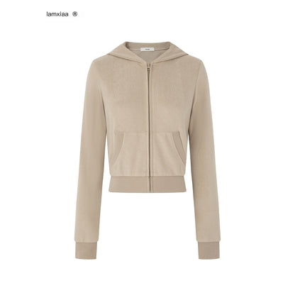 iamxiaa_Nude_Khaki_Cropped_Slim_Hoodie_Low_Waist_Straight_Women&
