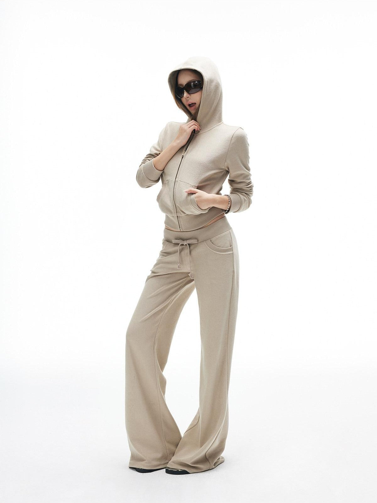 iamxiaa Nude Khaki Cropped Slim Hoodie Low Waist Straight Women&