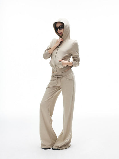 iamxiaa Nude Khaki Cropped Slim Hoodie Low Waist Straight Women&