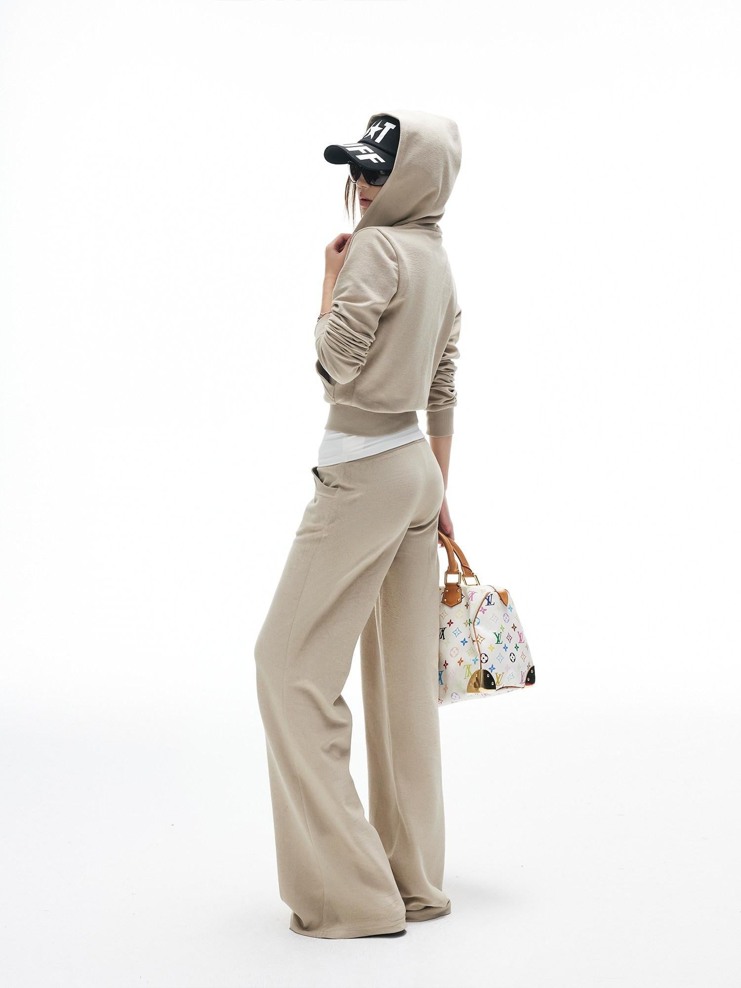 iamxiaa Nude Khaki Cropped Slim Hoodie Low Waist Straight Women&