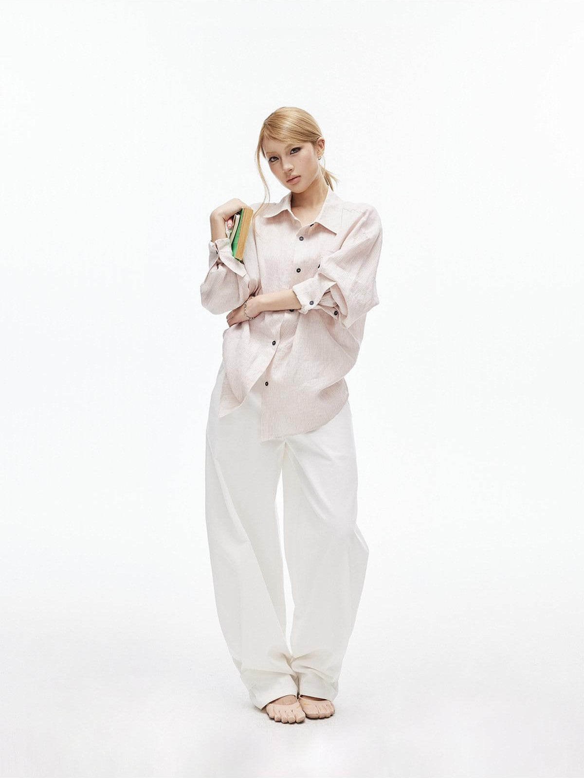 iamxiaa Nude Pink Gray Striped Pocket Side Slit Women&