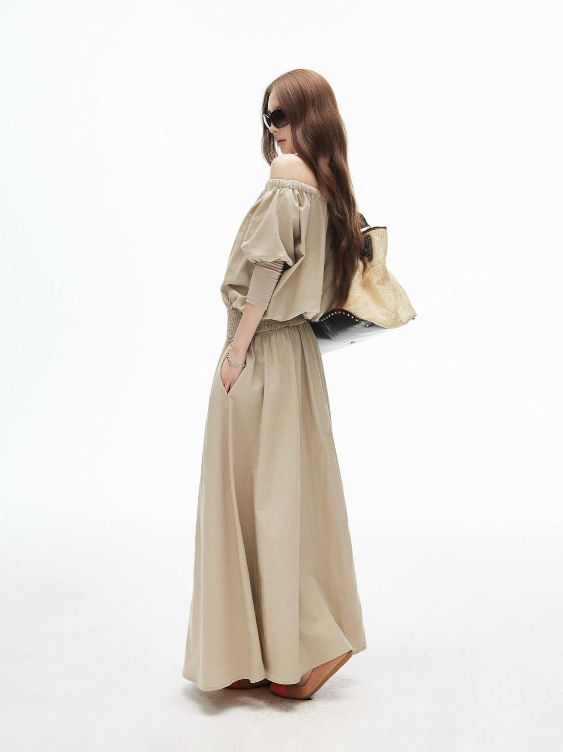 iamxiaa Off Shoulder Gathered Waist A Line Women&
